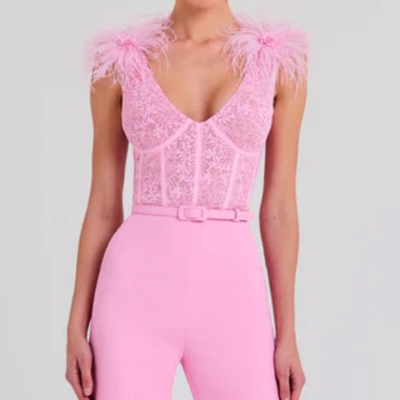 NADINE MERABI Ostrich Feather Lace Bodice Jumpsuit in Pink sz 10 - Picture 2 of 6